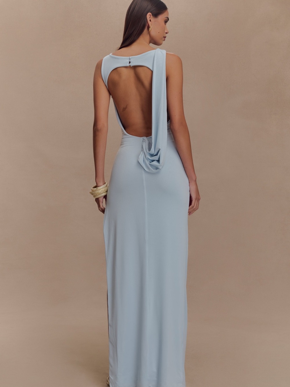 Meshki Pale Blue Open-Back Drape Maxi Dress